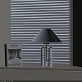 Modern Table Lamp with Double Column Base and White Lampshade Near Window Blinds and Book