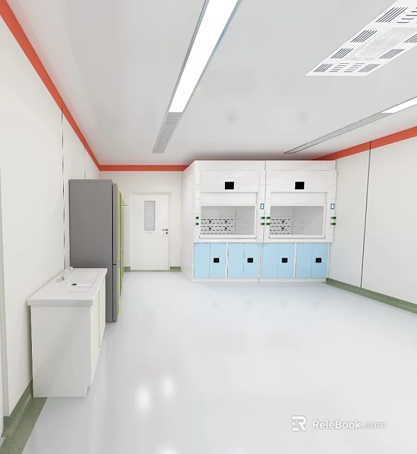 Modern Laboratory Interior With White Walls Red Trim Blue Cabinets And Fridge 3d model 