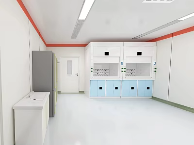 Modern Laboratory Interior With White Walls Red Trim Blue Cabinets And Fridge 3d model