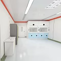 Modern Laboratory Interior With White Walls Red Trim Blue Cabinets And Fridge