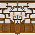 Traditional Chinese Wooden Display Shelf With Circular Openwork Design Multiple Tiers And Brass Handles