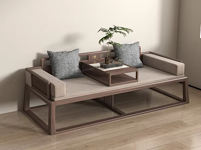 Traditional Chinese Arhat Daybed With Wooden Frame Beige Cushion And Plaid Pillows 3d model