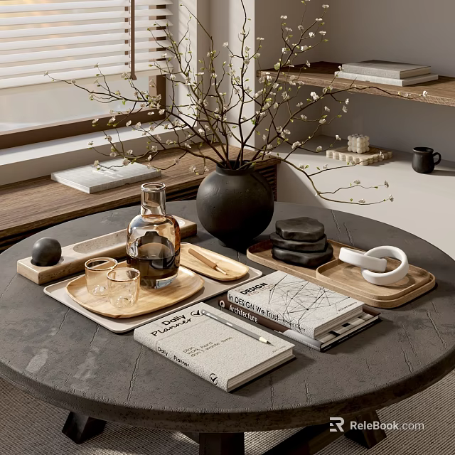 Decorative Ornament Set With Wooden Trays Vase Books And Glass Cups On Round Table 3d model 