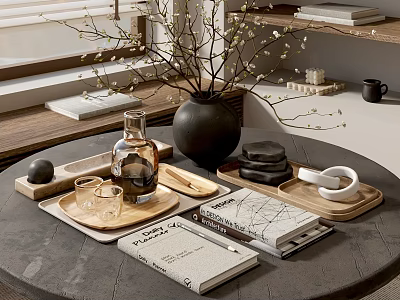 Decorative Ornament Set With Wooden Trays Vase Books And Glass Cups On Round Table 3d model
