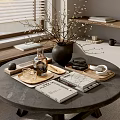 Decorative Ornament Set With Wooden Trays Vase Books And Glass Cups On Round Table