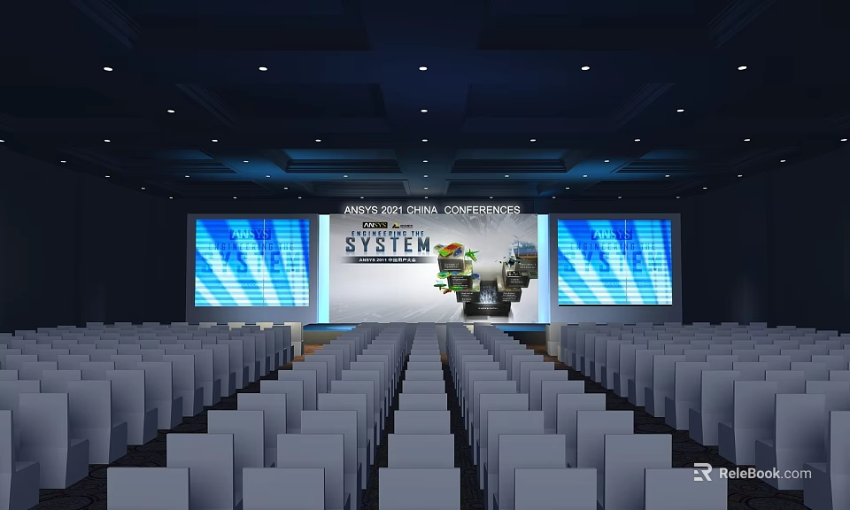 Large Conference Hall With White Chairs And Big Screens For Auto Scholar System 3d model 