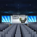 Large Conference Hall With White Chairs And Big Screens For Auto Scholar System
