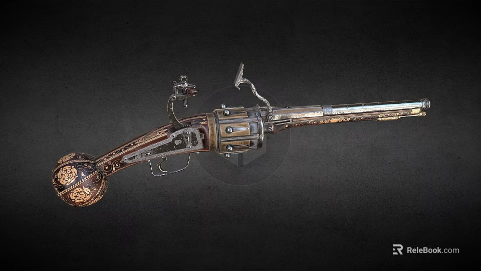 Antique Historical Musket With Carved Wooden Stock And Ornate Metal Components 3d model 