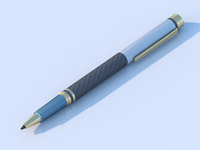 Stylish Blue and Gray Pen with Black Textured Grip Gold Accents and Sleek Modern Design 3d model