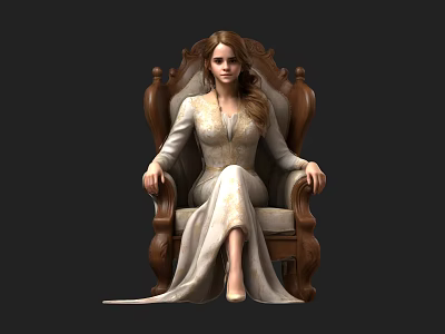 Woman In Elegant Long Gown Sitting On Ornate Carved Wooden Chair 3d model