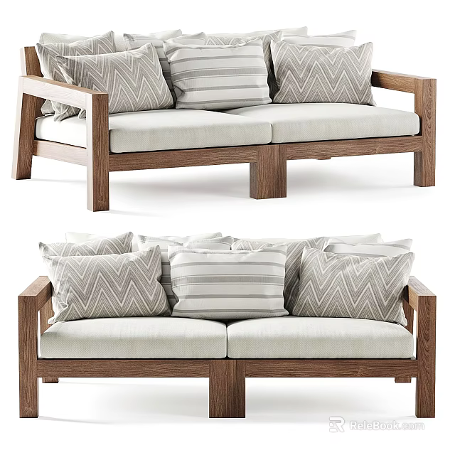 Modern Loveseat with Wooden Frame Light Colored Cushions and Patterned Pillows 3d model 