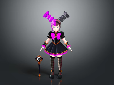 3D Character and Creature with Twin Ponytails Pink Black Hair Black Pink Dress Holding Staff 3d model