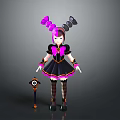 3D Character and Creature with Twin Ponytails Pink Black Hair Black Pink Dress Holding Staff