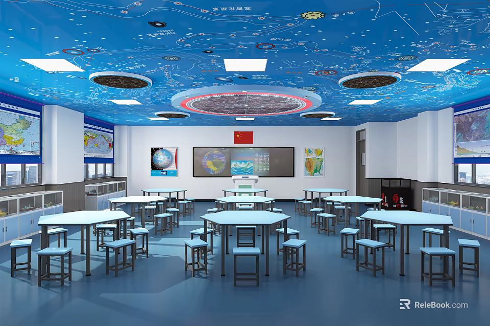 Starry Themed School Classroom With Blue Ceiling Round Tables World Maps And National Flag 3d model 