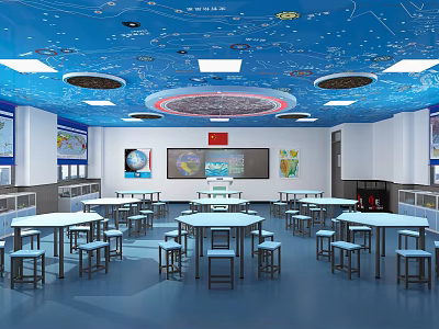Starry Themed School Classroom With Blue Ceiling Round Tables World Maps And National Flag 3d model