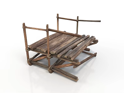 Handmade Wooden Cart Constructed With Sticks And Planks In Simple Design 3d model