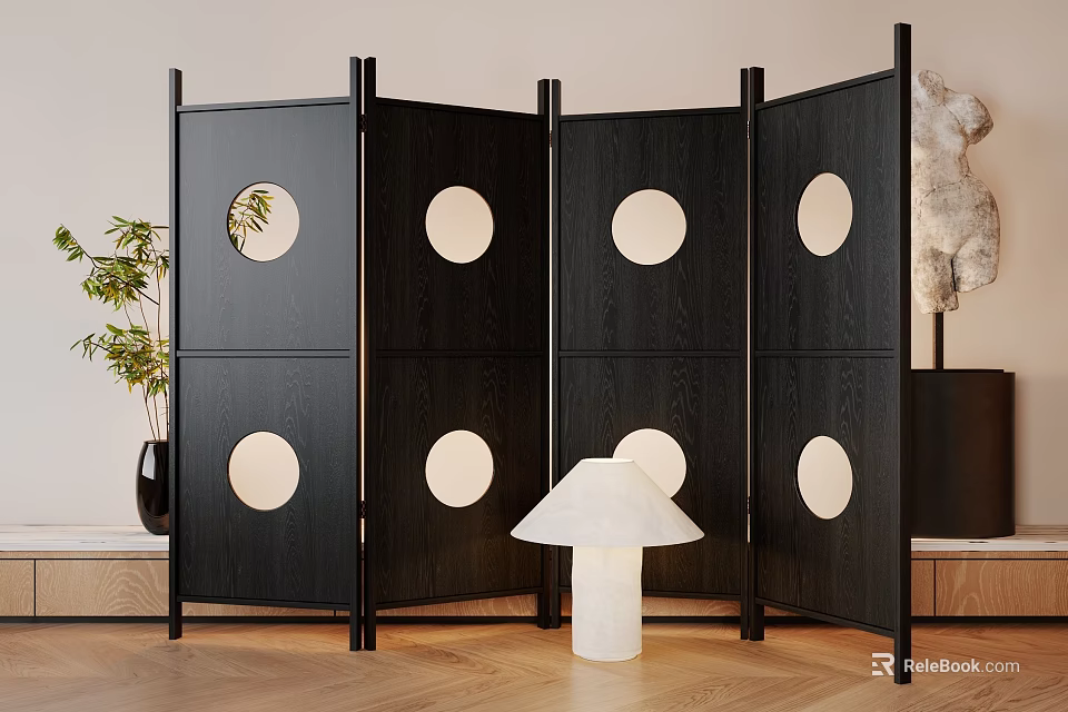 Modern Black Room Divider with Circular Cutouts and Foldable Panels 3d model