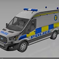 White Police Van With Blue Yellow Stripes And Emergency Lights