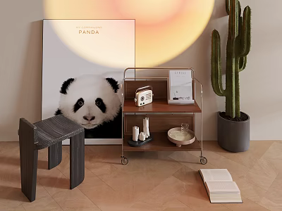 Stylish Metal Shelving Unit With Radio Candles Dish And Panda Poster Cactus In Cozy Interior 3d model