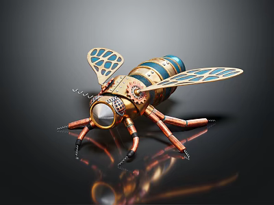 Mechanical Bee With Metallic Body Blue Gold Stripes And Grid Patterned Wings 3d model