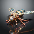 Mechanical Bee With Metallic Body Blue Gold Stripes And Grid Patterned Wings 3d model