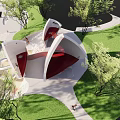 Modern Children's Play Area With White Buildings Slides Trees Green Lawn And Children Playing