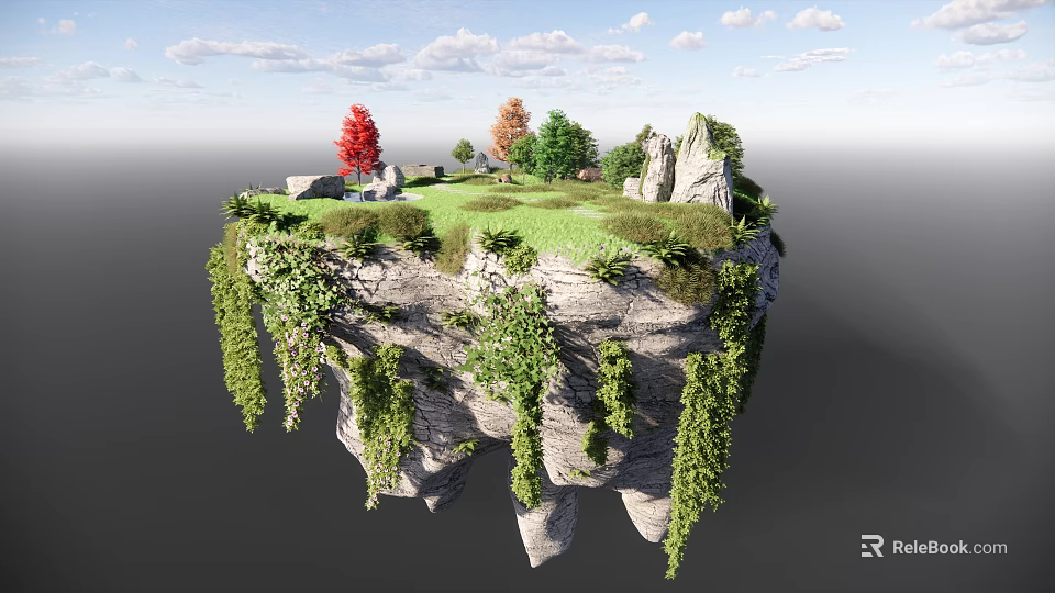 Floating Island Landscape With Green Meadow Colorful Trees And Hanging Vines Under Blue Sky Clouds 3d model 