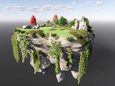 Floating Island Landscape With Green Meadow Colorful Trees And Hanging Vines Under Blue Sky Clouds 3d model