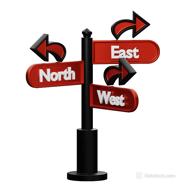 Red Directional Road Sign Ornament Set With Black Pole And Arrows 3d model 