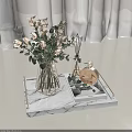 Beige Roses in Glass Vase on Marble Tray with Diffuser Perfume and White Curtains