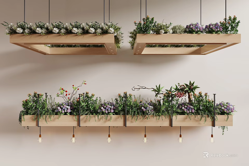 Lush Indoor Hanging Planter Greenery With Wooden Holders And Mixed Plants Flowers 3d model 