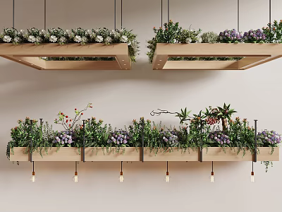 Lush Indoor Hanging Planter Greenery With Wooden Holders And Mixed Plants Flowers 3d model
