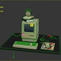 Vintage Computer Workstation With Tower Alarm Clock Stacked Books Keyboard Mouse On Desk