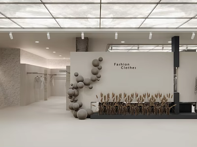 Modern Fashion Clothing Store Interior With Decorative Spheres Clothing Racks And Wheat Decorations 3d model