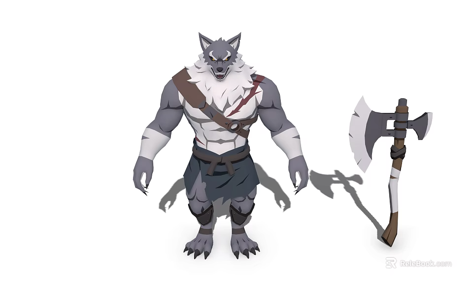 Game Movie Character Wolf Headed Humanoid Muscular Warrior With Battle Axe And Tribal Attire 3d model 