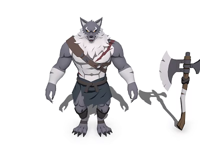 Game Movie Character Wolf Headed Humanoid Muscular Warrior With Battle Axe And Tribal Attire 3d model