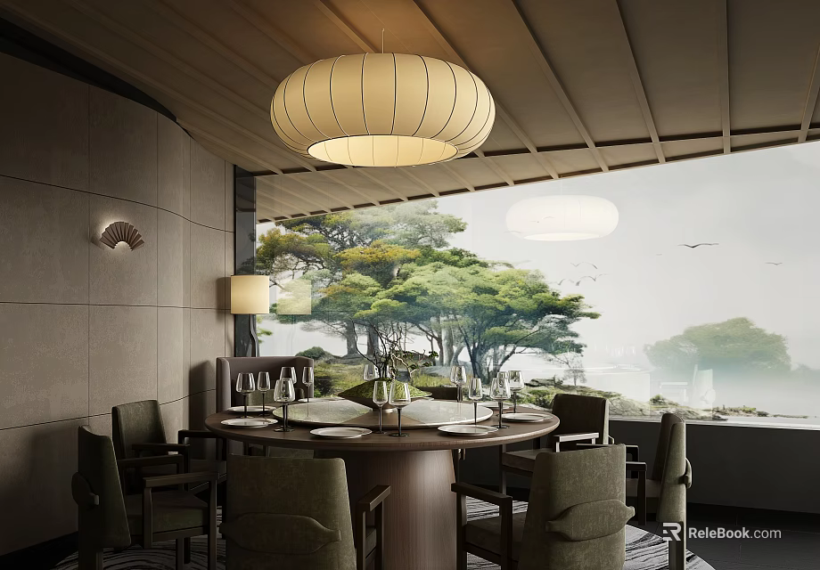 Elegant Private Dining Room With Round Table Chairs Tableware And Scenic Window View 3d model