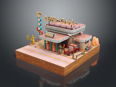 Retro Café Building Exterior Featuring Neon Sign Red Door And Decorative Red Car 3d model