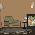 Stylish Green Velvet Accent Chair With Wooden Frame Floor Lamp Side Table And Area Rug