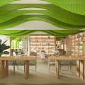 Artistic Book Art Library Interior With Wooden Bookshelves Green Plants And Wavy Ceiling Decorations