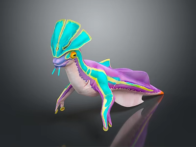 Fantasy Game Movie Character With Turquoise Head Frills Purple Body And Yellow Green Stripes 3d model