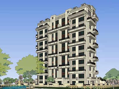 Modern Multi Story Residential Building Exterior With Windows Balconies Green Trees And Blue Sky 3d model