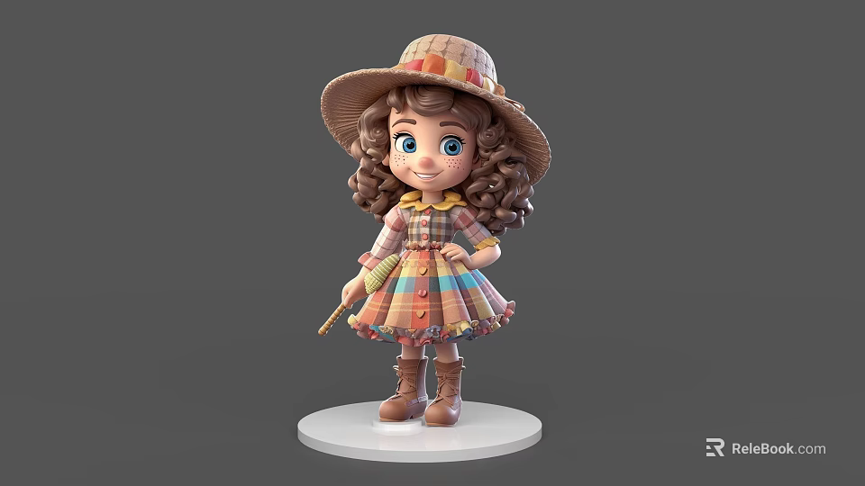 Adorable Game Movie Character With Straw Hat Curly Hair Plaid Dress And Small Cane 3d model 