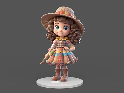 Adorable Game Movie Character With Straw Hat Curly Hair Plaid Dress And Small Cane 3d model
