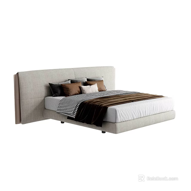 Modern Upholstered Double Bed With Simple Headboard Multiple Pillows And Dark Blanket 3d model 
