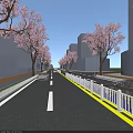 Urban Road Infrastructure Featuring Cherry Blossom Trees White Guardrails And Lane Markings