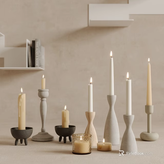Candle Holders with Lit Candles Various Ceramic Wooden Designs Against Neutral Wall and Shelves 3d model 