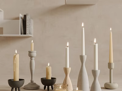 Candle Holders with Lit Candles Various Ceramic Wooden Designs Against Neutral Wall and Shelves 3d model