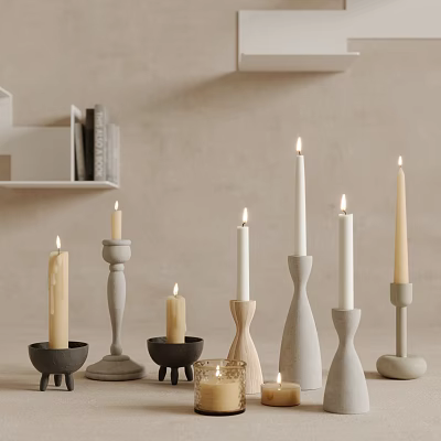 Candle Holders with Lit Candles Various Ceramic Wooden Designs Against Neutral Wall and Shelves 3d model