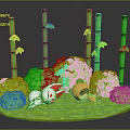 Cartoon Scene With Green Bamboo Stalks Leafy Bushes White Rabbit And Brown Raccoon On Grass